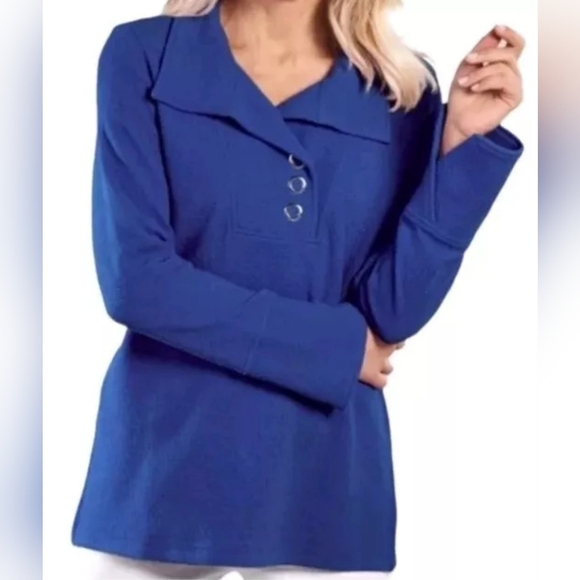 Soft Surroundings Carlile Top Sapphire Oversize Sz Small Wide Collar Front Snaps - Picture 1 of 11